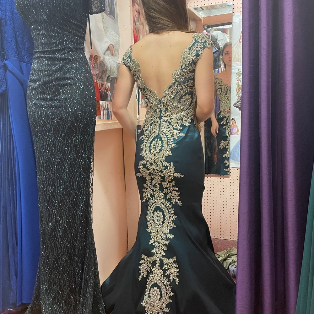 EVA USA Dark Green and Gold Formal Ballgown